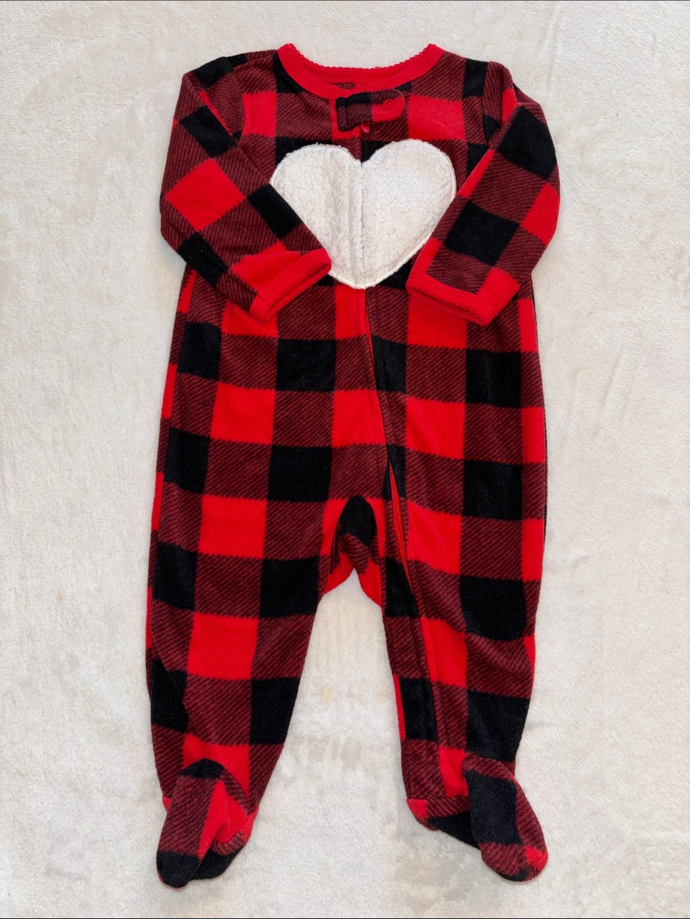 (2 for $10) carters Red and Black Buffalo Plaid Heart Fleece One-Piece for baby